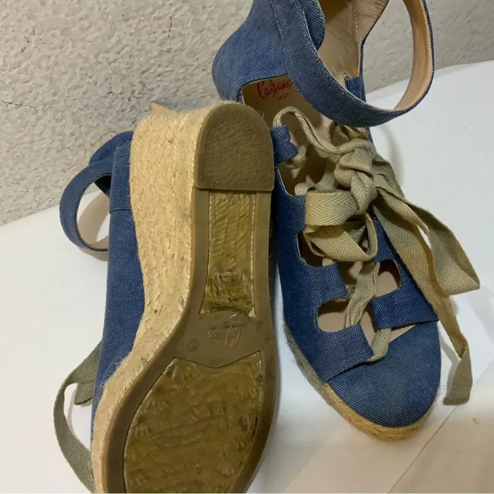 Castaner Leather lace up Denim look platform Wedge Espadrille Sandals 39